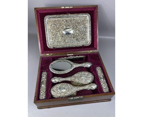 Silver hallmarked Walker &amp; Hall travelling vanity set. Solid silver tray, four silver backed brushes, Silver hand held mi