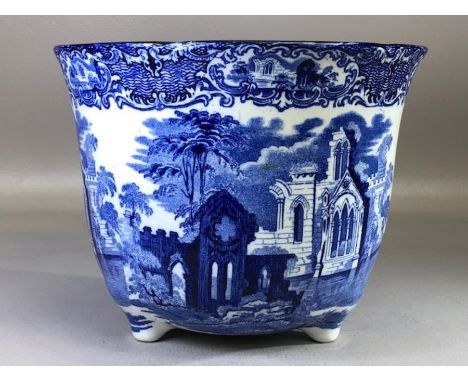 Vintage George Jones blue and white 'Abbey 1790' pattern ceramic three footed planter, approx 17.5cm in height