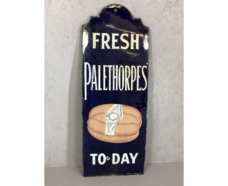 Vintage 'Fresh Palethorpes' Today' enamel advertising sign with white lettering on a blue ground, approx 96cm x 36cm