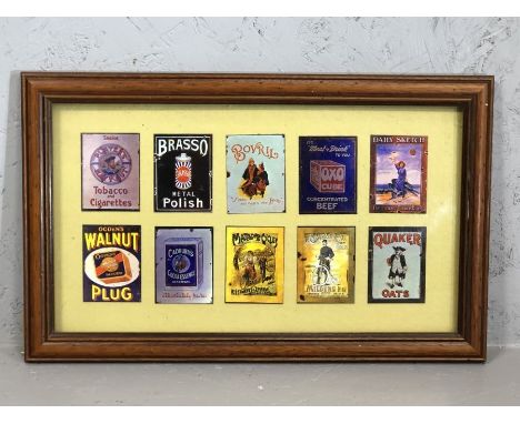 Framed collection of miniature vintage enamel advertising signs, each approx 8cm x 6cm, to include Brasso, Oxo, Quaker etc, f