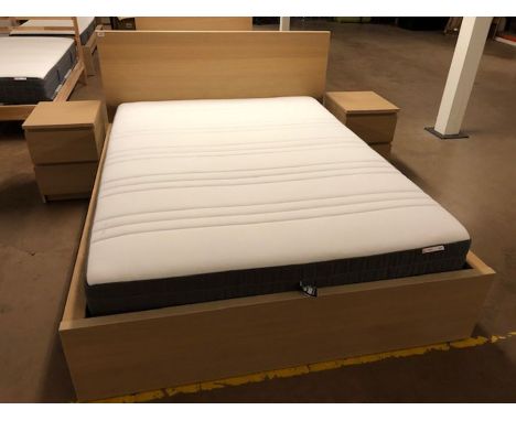 IKEA king size light wood bed frame and mattress with two matching bedside cabinets