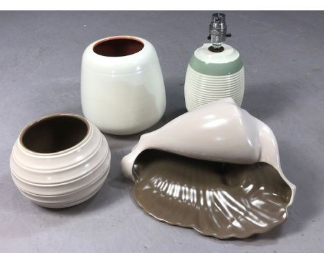 Collection of Poole Pottery twin tone ceramics to include lamp base, ribbed squat vase, freeform vase with red interior and a