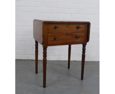 19th century mahogany drop leaf table, with two drawers and ring turned legs, (open 93 x 67 x 41cm) 