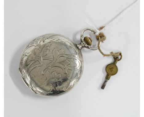 Continental silver Labrador full hunter pocket watch, in a foliate engraved case, the enamel dial with Arabic numerals and su