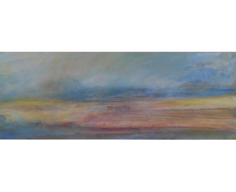 Sarah Knox 'Lowland Light, Port Seton', mixed media, signed and framed under glass with a Marchmont Gallery label, 56 x 21cm 