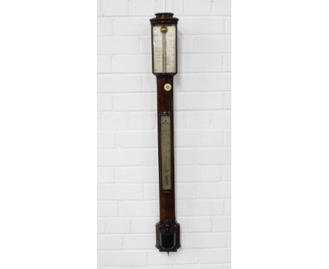 19th century figured mahogany bow front stick barometer by  F Pastorelli, 10 New Bond Street, London, silvered dials with rac