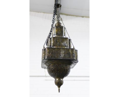 Middle Eastern style pierced metal lantern ceiling light, approximately 75 x 32cm 