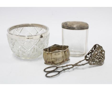 Edwardian silver rimmed glass bowl, 10cm diameter together with glass jar with silver cover, white metal tongs and a German s