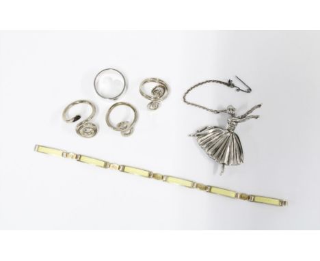 Scottish silver ballerina brooch, Birmingham 1948, together with a Scandinavian silver and yellow enamel bracelet stamped 935