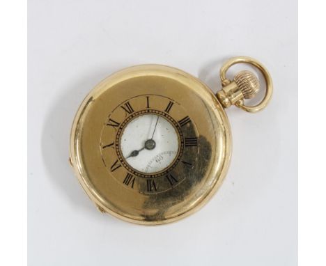 Gents 9ct gold half hunter pocket watch by Henderson, white enamel dial with subsidiary seconds dial, the case with roman num