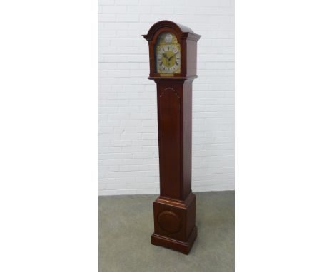 Mahogany grandmother clock, brass spandrels and slivered chapter ring with roman numerals 34 x 177 x 23cm. 