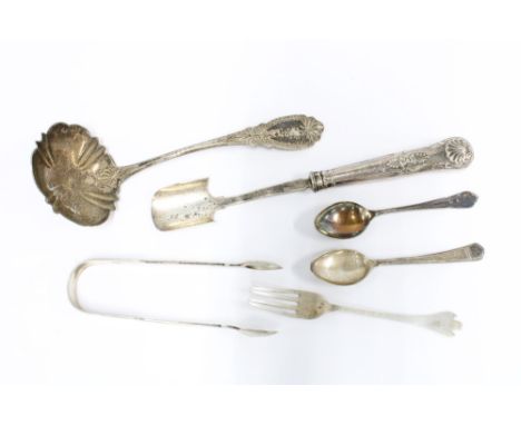 Victorian silver cheese scoop, Sheffield 1851, two silver teaspoons, silver pastry fork, silver sugar tongs and a continental