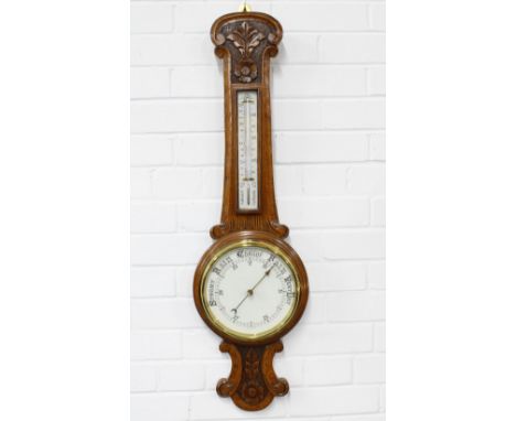 Oak cased banjo wall barometer with floral carving, 91 x 26cm 