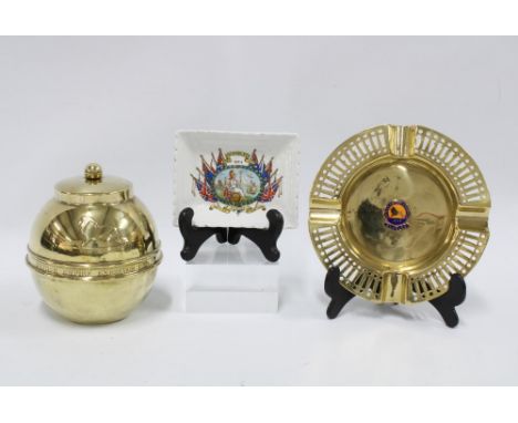 Wembley British Empire Exhibition 1924 Lipton brass tea caddy,  brass ashtray and porcelain pin tray (3) 