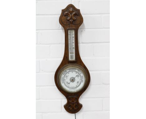 Oak cased banjo wall barometer with fleur de lys carving, 57 x 19cm 