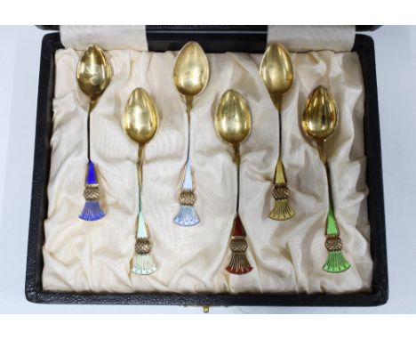 Cased set of six Norwegian silver and harlequin enamel 'thistle' coffee spoons, J. Tostrup (6) 