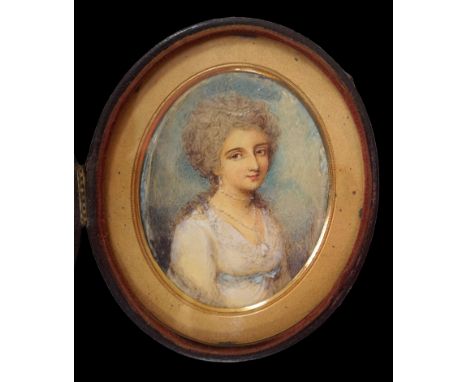 Y English School circa 1820 Portrait miniature of a ladywatercolour on ivorywearing a white dress, clouds beyond8.6 x 7cm. CI