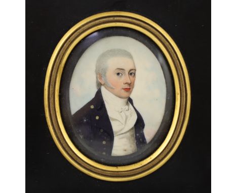 Y Frederick Buck (Irish, 1771-1840) Portrait miniature of a gentlemanwatercolour on ivorywearing a dark blue coat, white wais