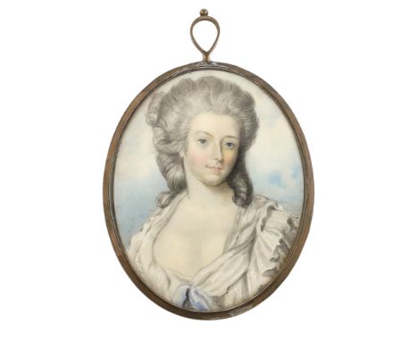 Y English School circa 1790 Portrait miniature of a ladywatercolour on ivorywearing a white dress, clouds beyond6.4 x 5.2cm. 
