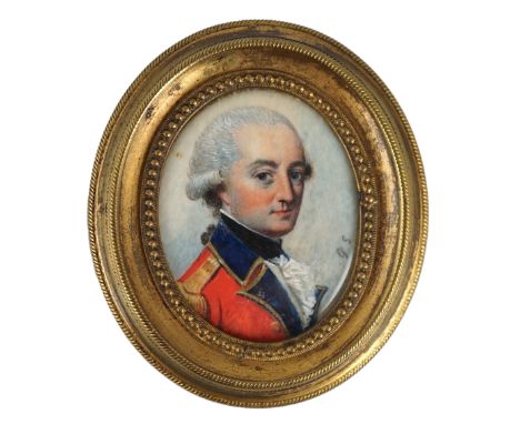 Y G.S circa 1810 Portrait miniature of an army officeroil on ivorywearing a scarlet coat with blue facings, initialled G.S.3.