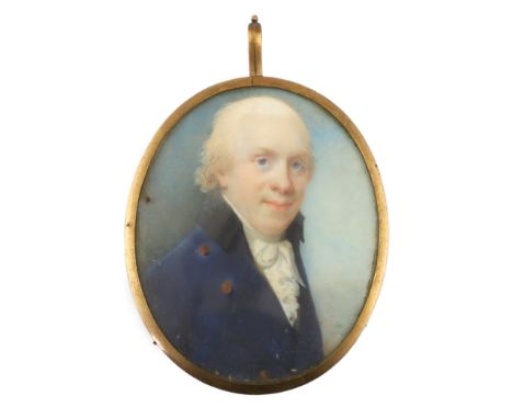 Y English School 1799 Portrait miniature of a gentlemanwatercolour on ivorywearing a blue frock coat, monogrammed H.H and dat