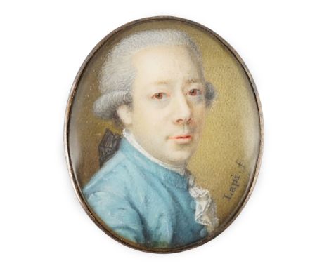 Y Lapi (circa 1775) Portrait miniature of a gentlemanoil on ivorywearing a blue coat and lace trimmed white shirt, looking ov