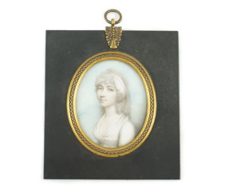 Y Andrew Plimer (1763-1837) Portrait miniature of Lady Harriet Silvesterwatercolour on ivorya white sash in her hair, wearing