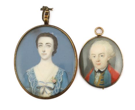 Y Mid 18th century English School Portrait miniatures of a lady and gentlemanwatercolour on ivoryshe wearing a blue dress and