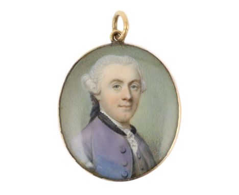 Y Jeremiah Meyer, R.A. (Anglo-German, 1735-1789) Portrait miniature of a gentlemanwatercolour on ivorywearing a mauve coat an