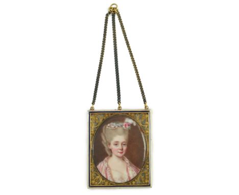 French School circa 1780 Portrait miniature of a lady with flowers in her coiffureenamel on copper4 x 3.2cm.***CONDITION REPO
