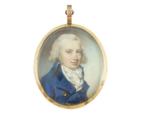 Y George Engleheart (1750-1829) Portrait miniature of a gentlemanwatercolour on ivorywearing a white stock, white shirt and b