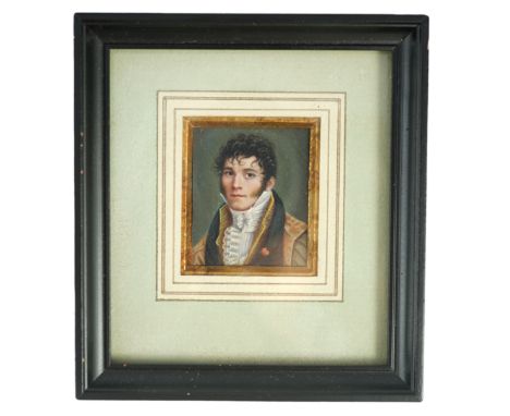 Y French School circa 1830 Portrait miniature of a gentleman wearing an elaborate lace shirtwatercolour on ivory3.9 x 3.4cm. 