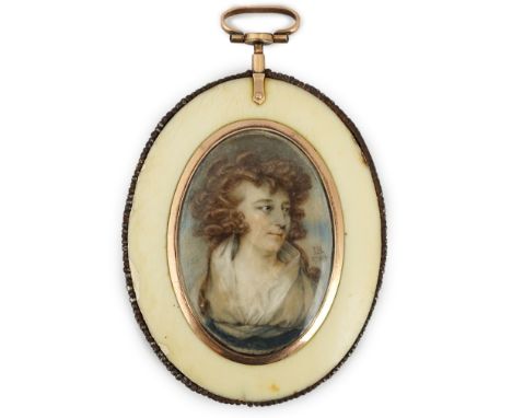 Y John Bogle (British, 1746-1803) Portrait miniature of a ladyoil on ivorywith brown hair, wearing a cream and blue dress, cl