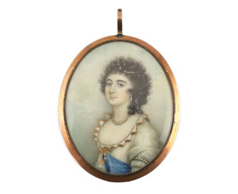 Y English School circa 1790 Portrait miniature of a noble womanwatercolour on ivorywearing pearls in her hair, clouds beyond5