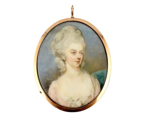 Y English School circa 1810 Portrait miniature of a ladywatercolour on ivorywearing a light pink dress, clouds beyond7.5 x 6c
