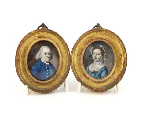 Y Continental School circa 1780 Portrait miniatures of a husband and wifewatercolour on ivory (2)he with a blue coat, she wit