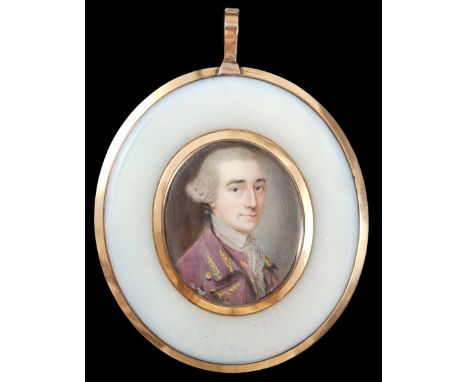 Y Attributed to Simon Pine (Irish, d.1772) Portrait miniature of a gentlemanwatercolour on ivorywearing a brocaded purple coa