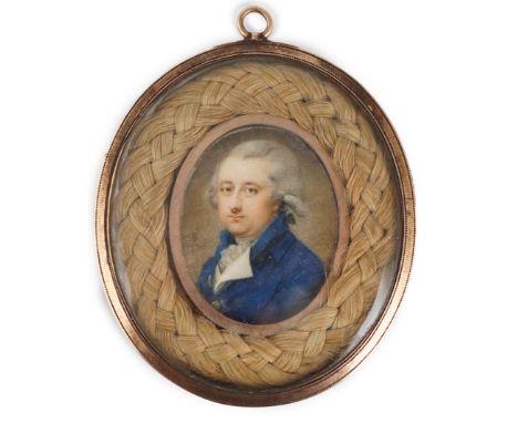 Y John Bogle (British, 1746-1803) Portrait miniature of a gentlemanoil on ivorywearing a blue coat with white facings and a l