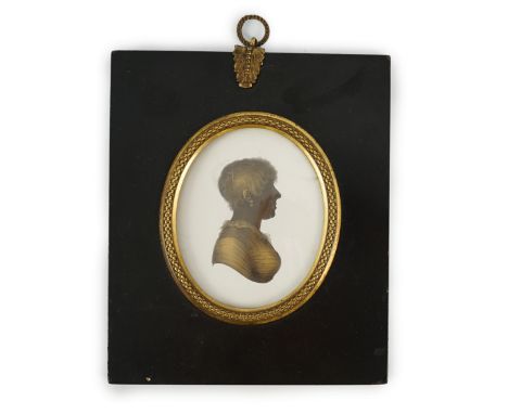 John Miers (1752-1821) Silhouette of the Countess of Clarendonpainted and bronzed plasterLooking to sinister, wearing a lace 