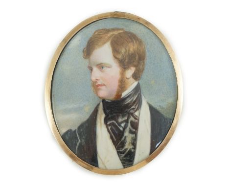 Y Attributed to Miss J. Ziegler (fl.1844-1863) Portrait miniature of a red haired gentlemanwatercolour on ivorywearing a blac
