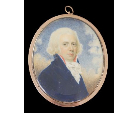 Y John Barry (fl.1784-1817) Portrait miniature of a gentlemanwatercolour on ivorywearing a blue coat, red trimmed shirt and w