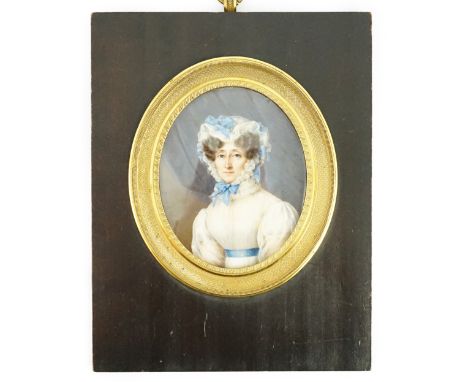 Y Jean Baptiste Désiré Troivaux (French, 1788-1860) Portrait miniature of a lady, half length, wearing white with a blue sash