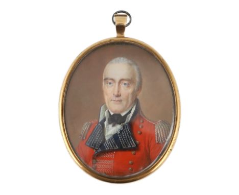 Y J. Barrow Jnr (fl.1815-1825) Portrait miniature of an army officerwatercolour on ivorywearing a braided red uniform coat wi
