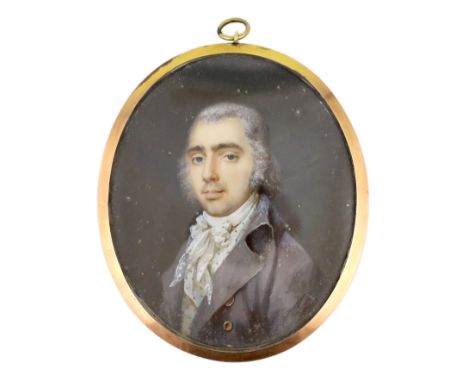 Y Late 18th Century French School Portrait miniature of a gentlemanwatercolour on ivorywearing a grey coat, spotted shirt and