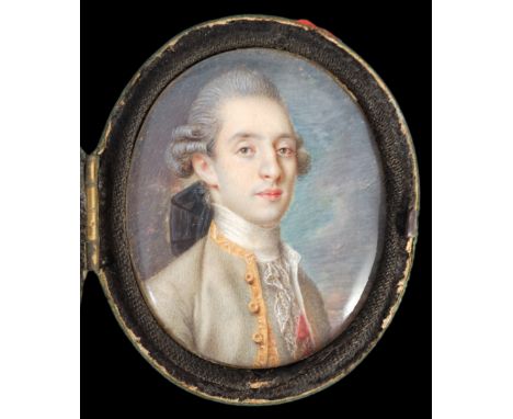 French School circa 1770-1780 Portrait miniature of a gentleman wearing a grey coat, a sunset beyondwatercolour on ivory4.5 x