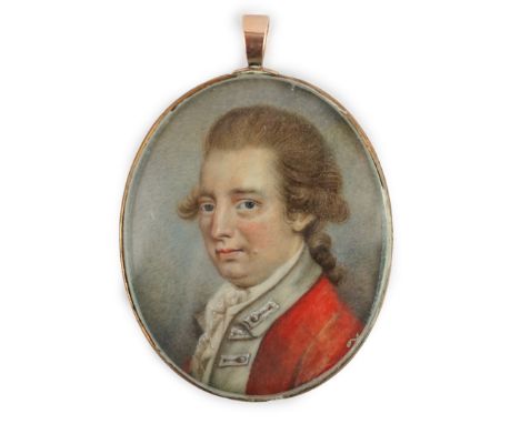 Y English School circa 1780 Portrait miniature of a gentlemanoil on ivorywearing a scarlet coat with white facings and a lace