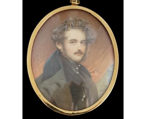 Y E. Scindler (19th C.) Portrait miniature of a bearded gentlemanwatercolour on ivorywearing a great coat with red drapery an