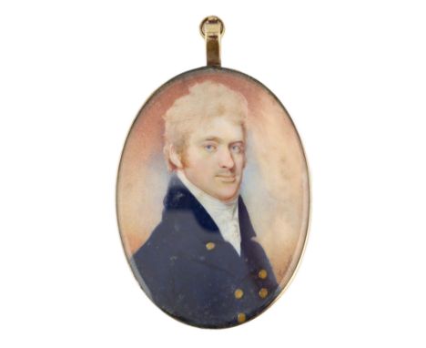 Y Portrait miniature of a gentlemanwatercolour on ivorywearing a blue coat and white stock, tinted clouds beyond, signed6.8 x