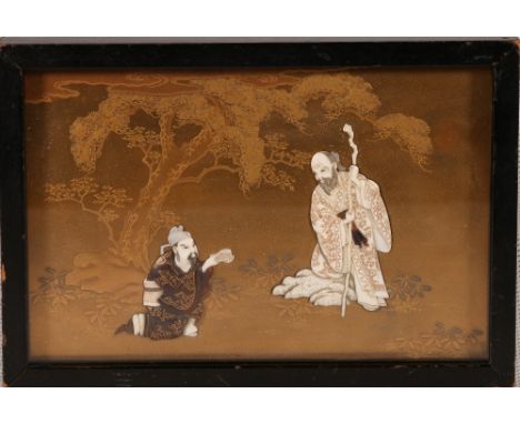 A fine gold lacquered wood panel in hiramaki-e and takamaki-e depicting Fukurokuju and another figure under a pine tree kneel