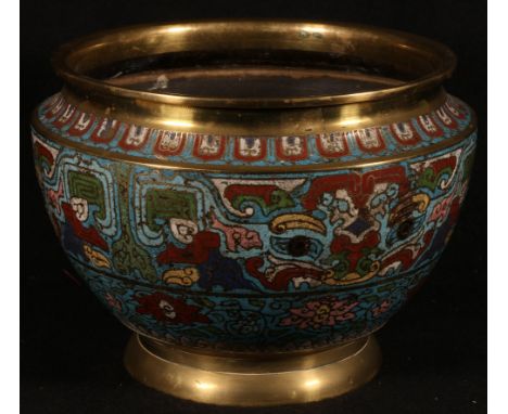 Gilded brass champleve enamel jardiniere decorated with taotie masks and stylised flowers, 27cm